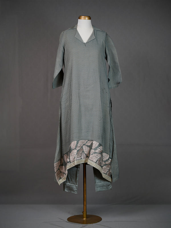 Grey Handwoven Collared Asymmetrical Kurti with Applique Work n Pants