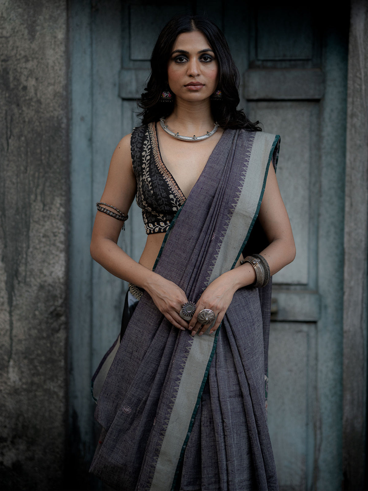 Grey Handwoven Khadi Cotton Saree with Black Blouse and Pants