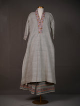 Grey Handwoven Kurti with Thread Work on Neckline and Printed Pants