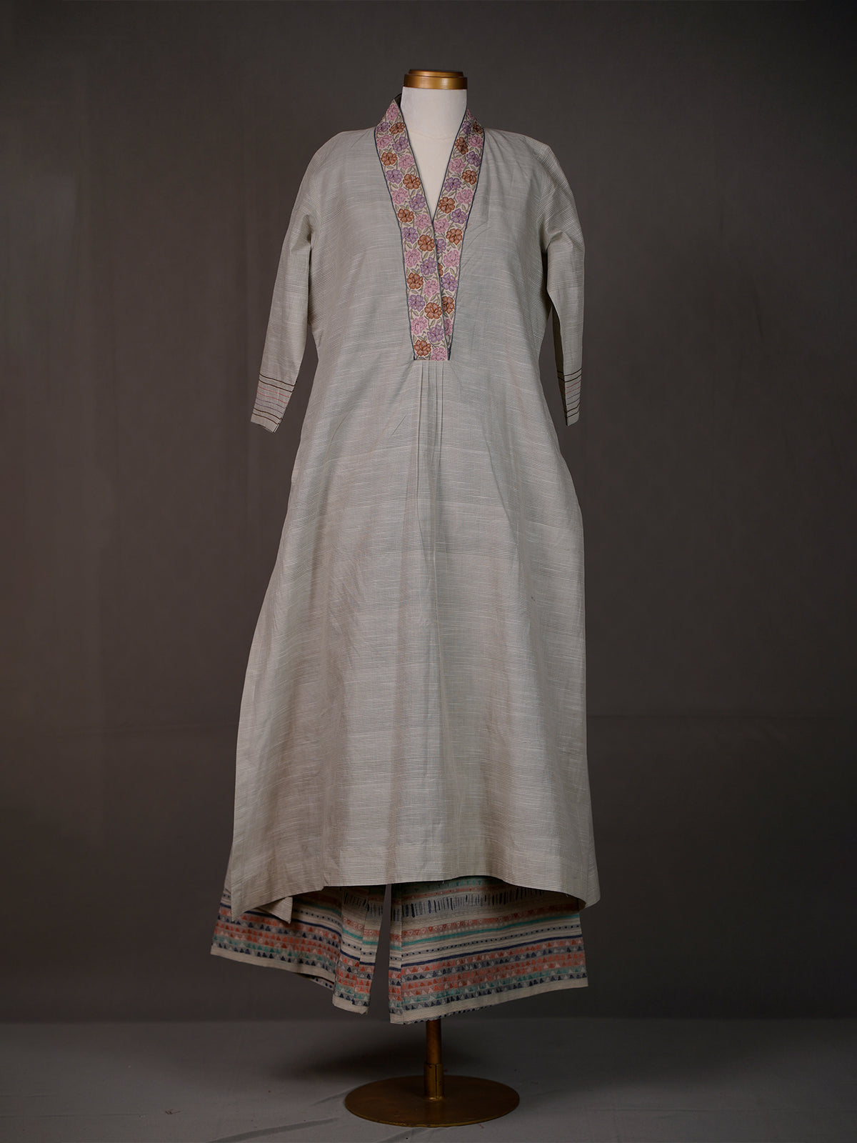 Grey Handwoven Kurti with Thread Work on Neckline and Printed Pants