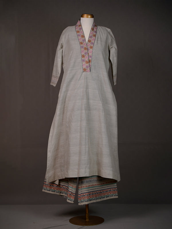 Grey Handwoven Kurti with Thread Work on Neckline and Printed Pants