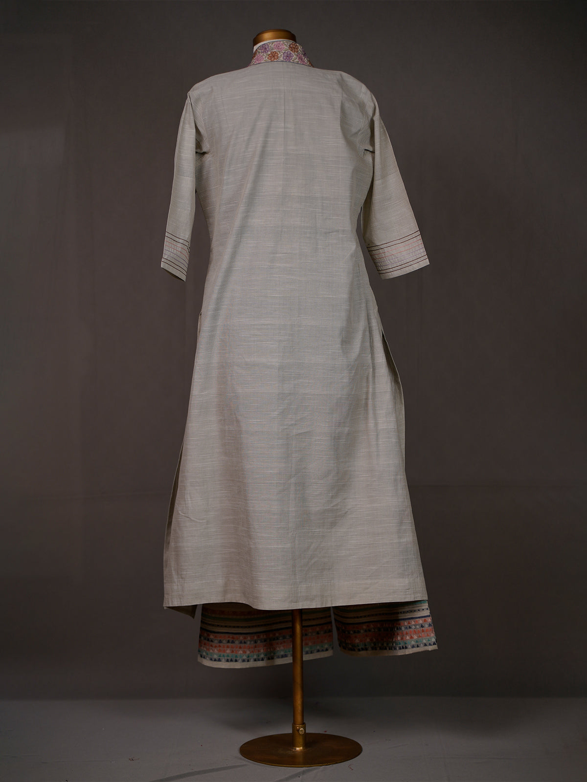 Grey Handwoven Kurti with Thread Work on Neckline and Printed Pants