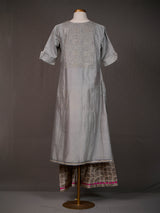 Grey Kurti with Blue Kalamkari Yoke and Printed Kali Pants