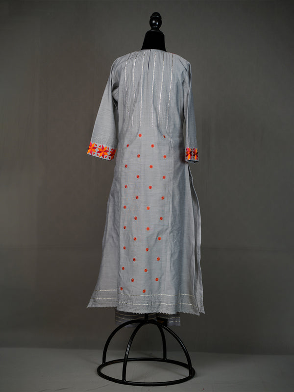 Grey Kurti with Heavy Thread Work, Zari Border, Dupatta and Pants
