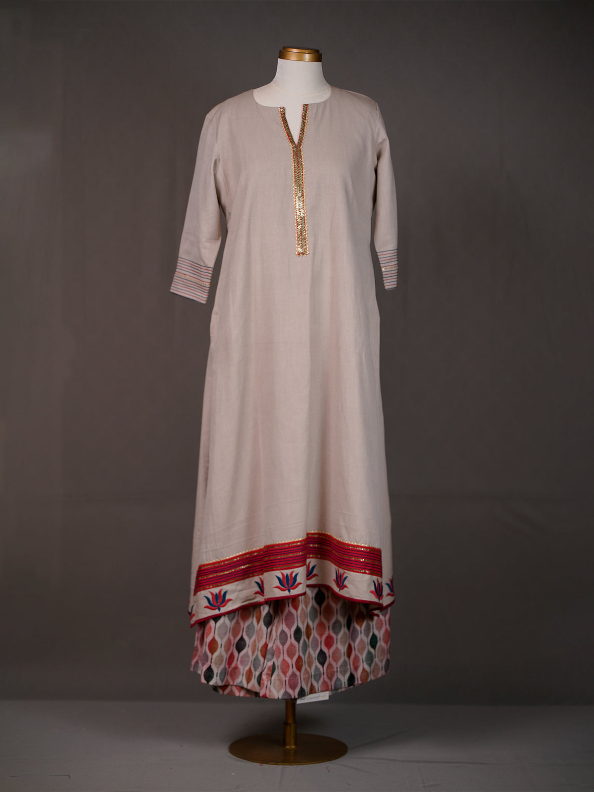 Grey Kurti with Sequins, Thread Work Lotuses and Printed Pants