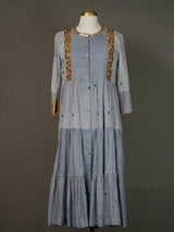 Grey Mulmul Cotton Floor-Length Buttoned Dress with Thread Buttis