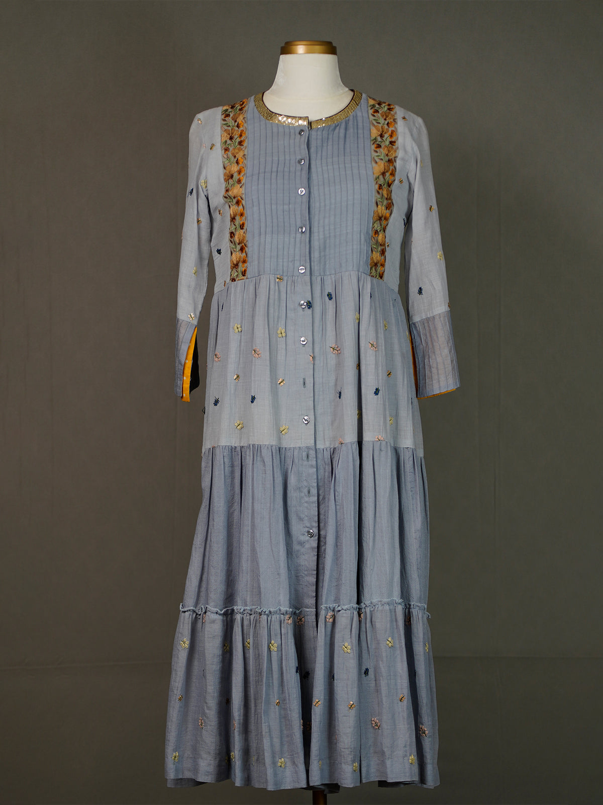 Grey Mulmul Cotton Floor-Length Buttoned Dress with Thread Buttis