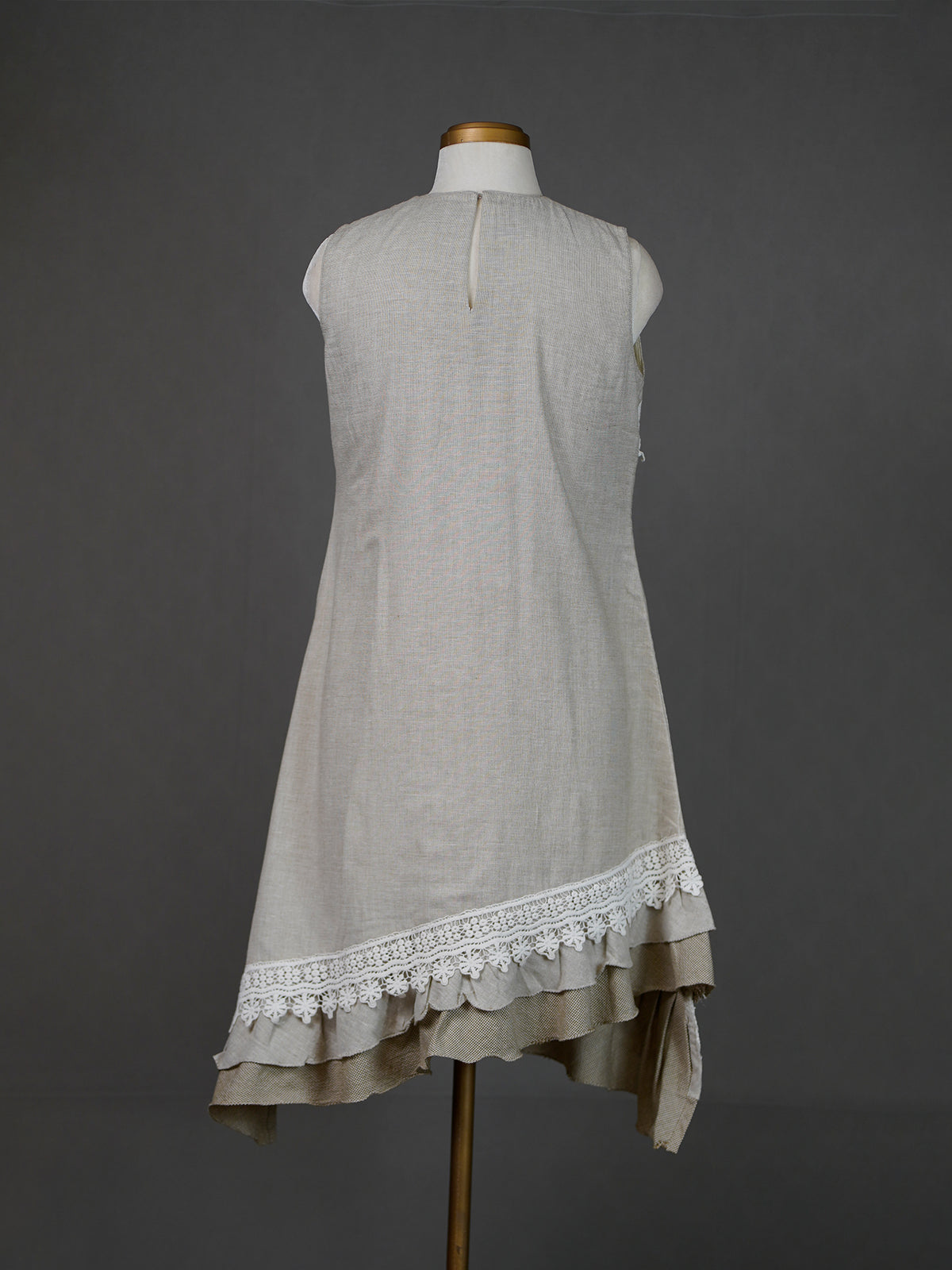 Grey Sleeveless Asymmetrical Dress with Applique Motif and Crochet Lace