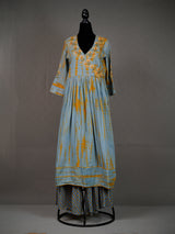 Grey Tie-and-Dye Kurti with Overlap Pattern, Thread Work and Pants