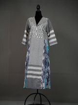 Grey and White Handwoven Kurti With Ikkat Panels and Thread Work