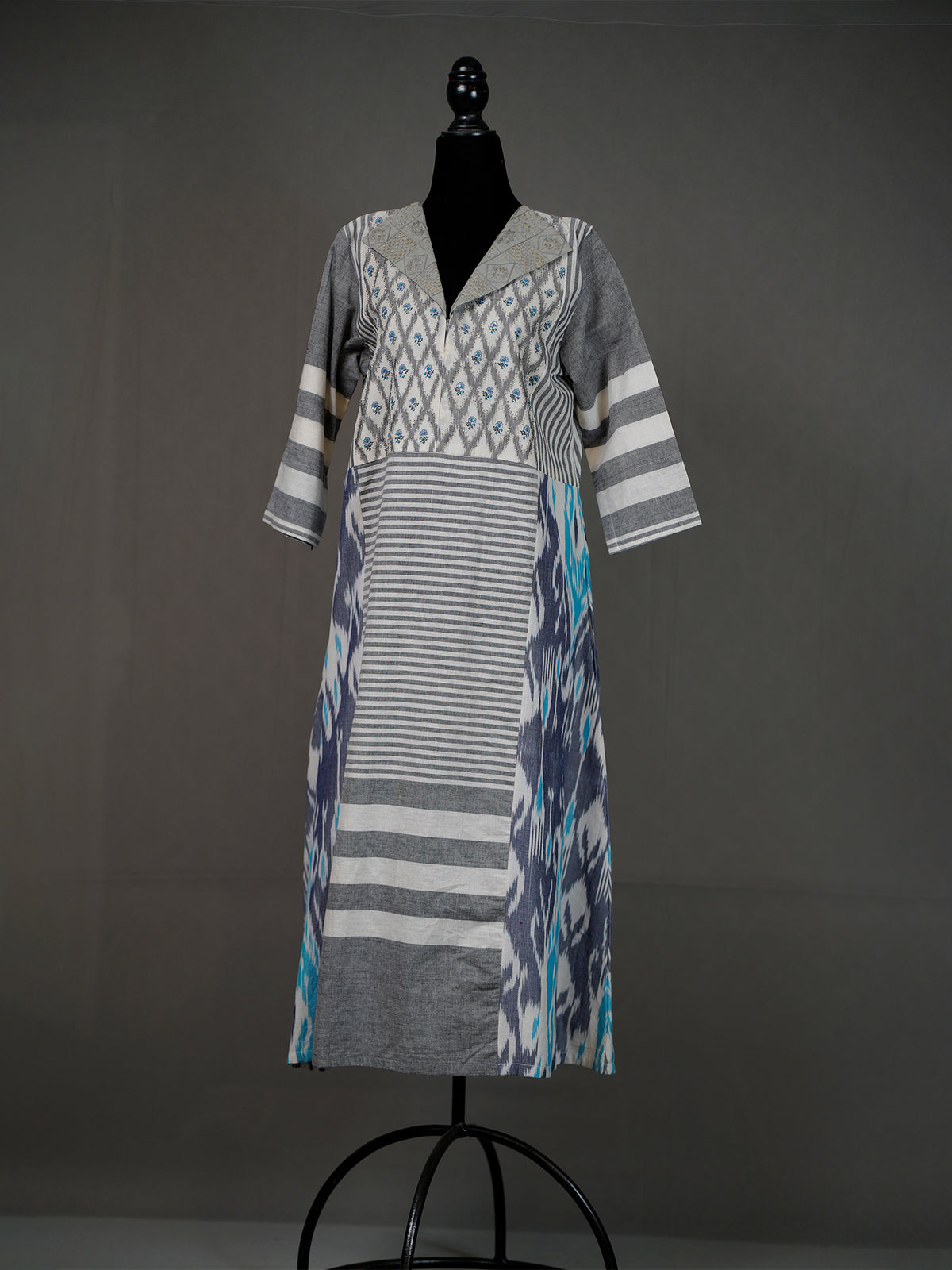 Grey and White Handwoven Kurti With Ikkat Panels and Thread Work