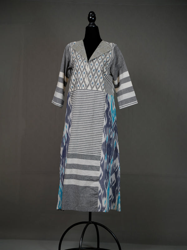 Grey and White Handwoven Kurti With Ikkat Panels and Thread Work