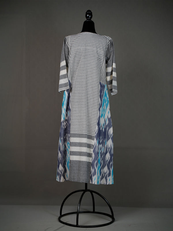 Grey and White Handwoven Kurti With Ikkat Panels and Thread Work