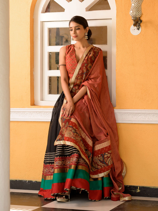 Handwoven Cotton Lehenga with Brocade Blouse and Kalamkari Dupatta