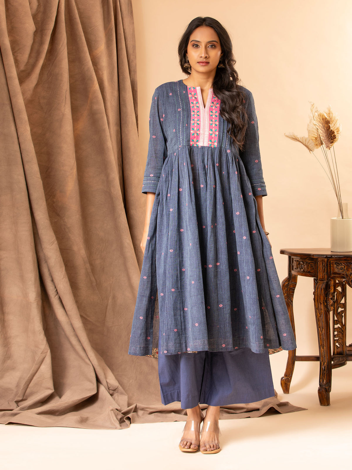 Handwoven muted blue kali top with a gathered design, featuring Kutch work detailing and Kantha anchor work lines