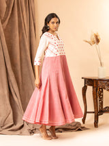 Handwoven white and red kali frock with thread work yoke and intricate thread work lines.