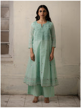 Ice Blue Hand-Woven Cotton Kurti and Pants with Delicate Chikankari Work