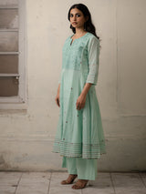 Ice Blue Hand-Woven Cotton Kurti and Pants with Delicate Chikankari Work
