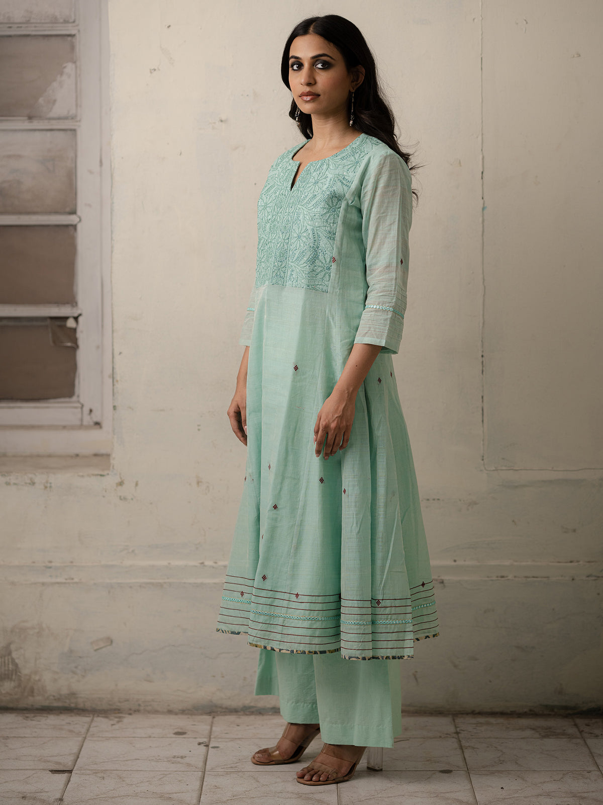 Ice Blue Hand-Woven Cotton Kurti and Pants with Delicate Chikankari Work