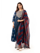 Dori embroidered Indigo coloured kurta with dupatta and pants