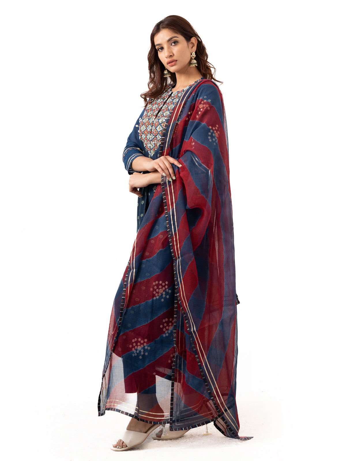 Dori embroidered Indigo coloured kurta with dupatta and pants