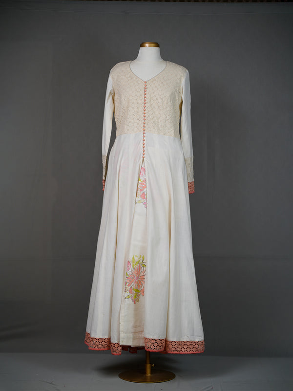 Ivory Kurti-Koti Set with Potli Buttons, Hakoba Yoke, Printed Pants