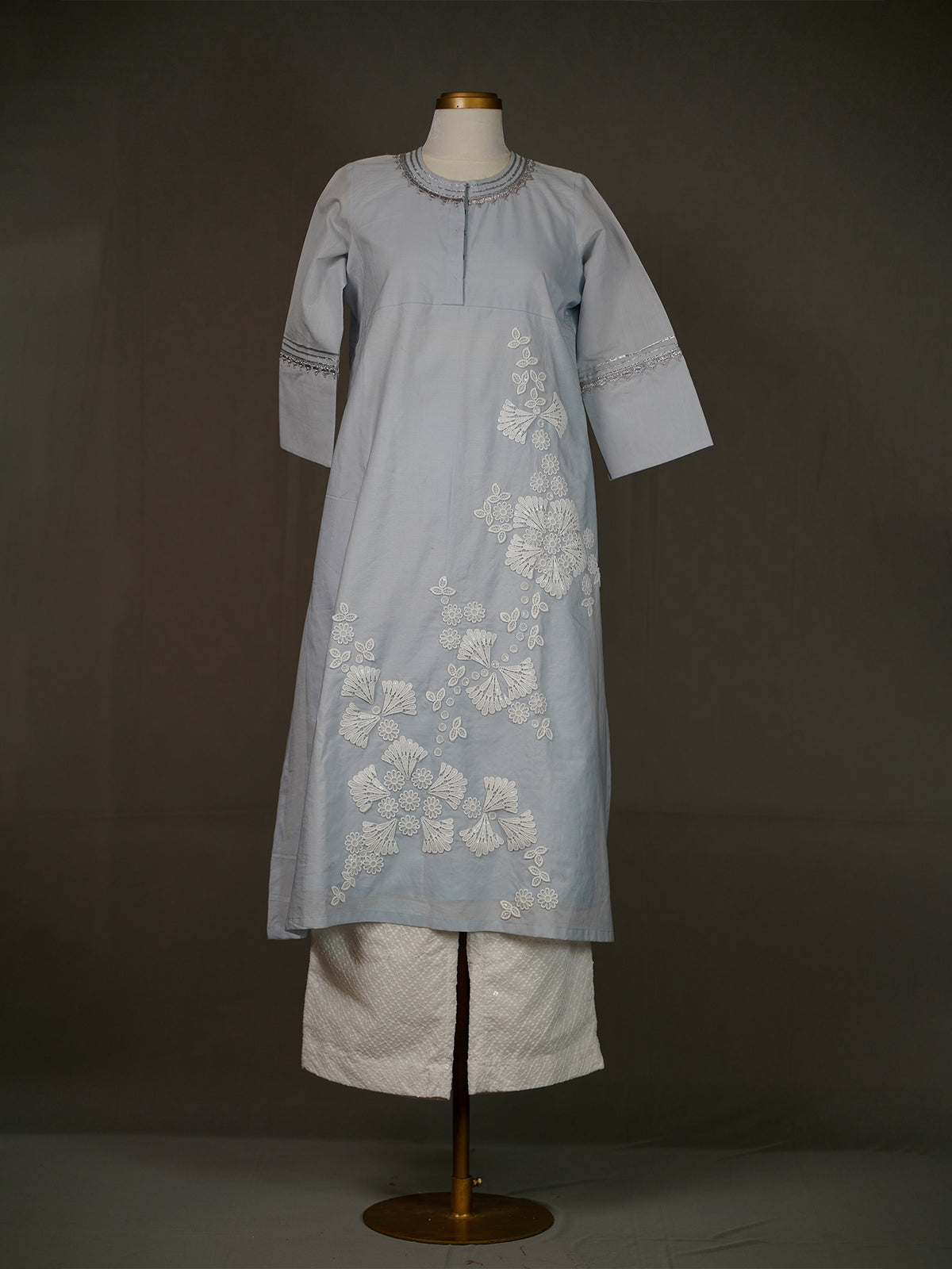 Light Blue Kurti With Applique Work And White Thread Work Pants
