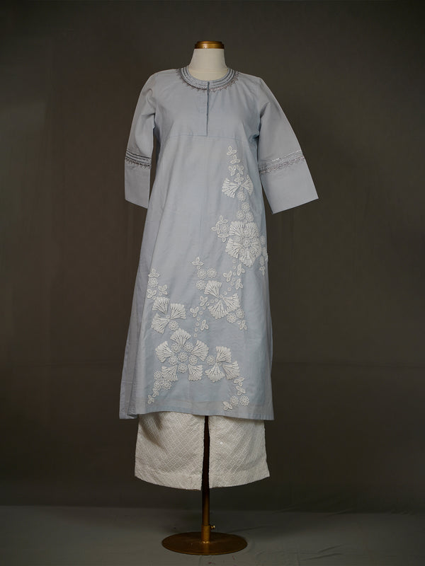 Light Blue Kurti With Applique Work And White Thread Work Pants