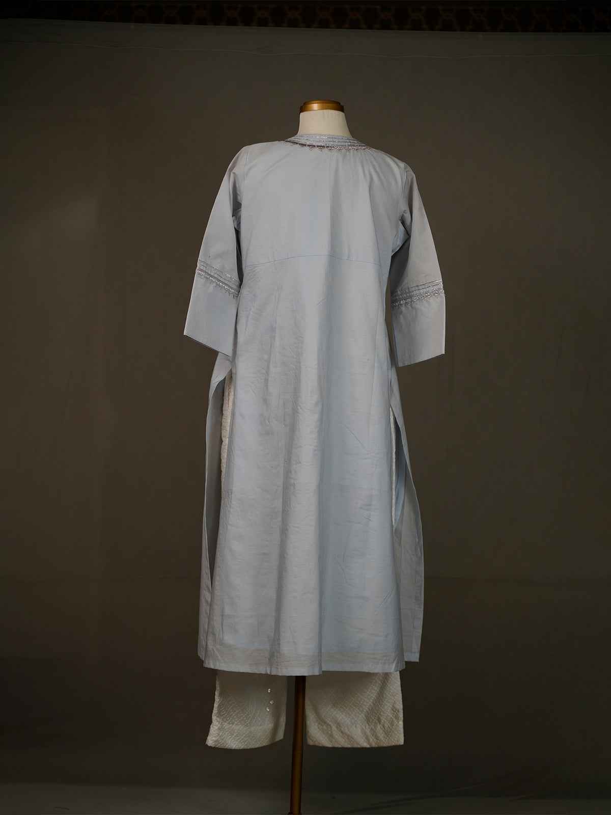 Light Blue Kurti With Applique Work And White Thread Work Pants