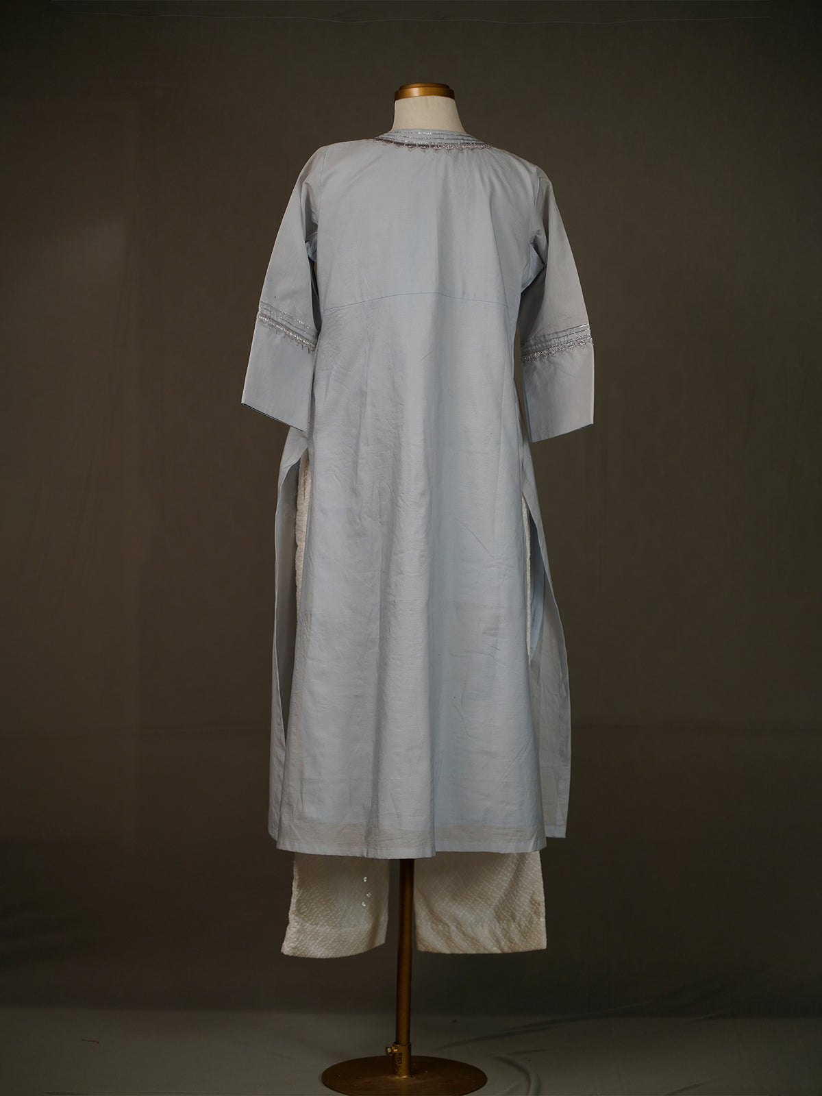 Light Blue Kurti With Applique Work And White Thread Work Pants