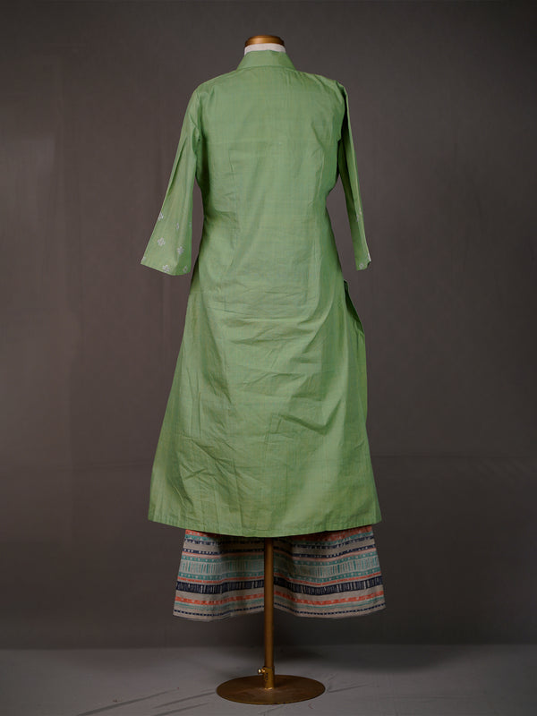 Light Green Cotton Kurti With Collar, Thread Work and Printed Pants