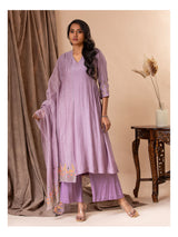 Light purple muslin top with gathered details on the sides and hand embroidery work, paired with a Chanderi embroidered dupatta along with pants.