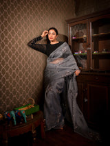 Look Ethereal in Sheer Grey Organza Saree with Black Blouse