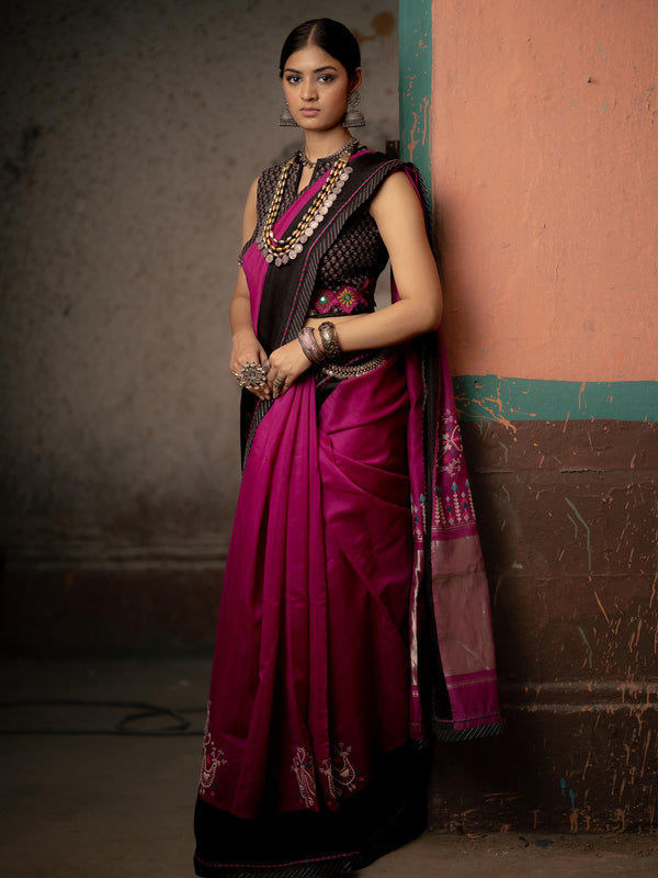 Magenta Handwoven Cotton Saree with Black Printed Blouse