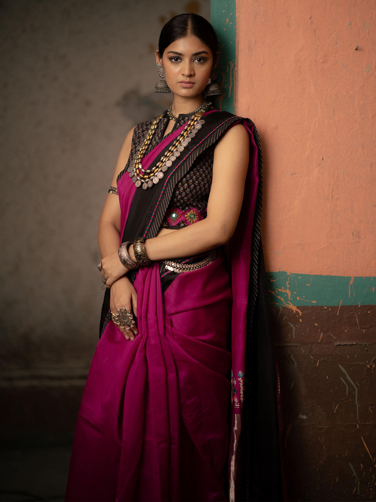 Magenta Handwoven Cotton Saree with Black Printed Blouse