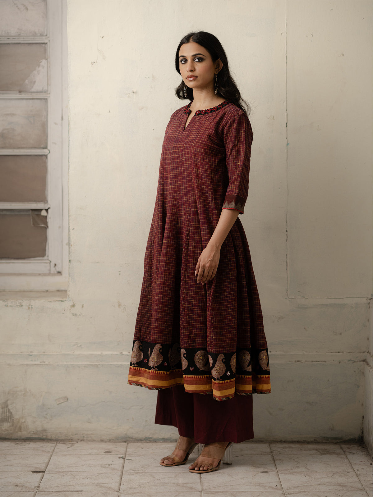 Maroon Checked Hand-Woven Cotton Kurti with Sequins, Mirrors with Pants