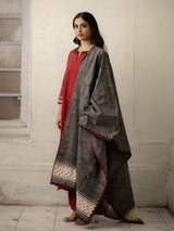 Maroon Hand-Woven Cotton Kurti with Mirror Embroidery and Sequinned Dupatta