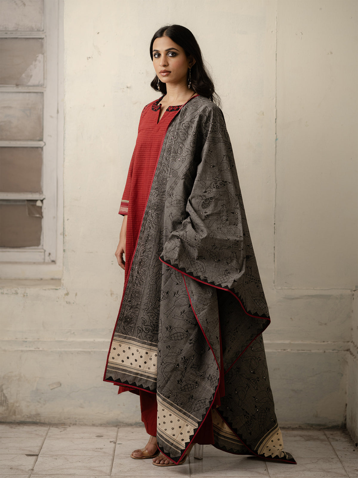 Maroon Hand-Woven Cotton Kurti with Mirror Embroidery and Sequinned Dupatta