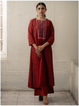 Maroon Hand-Woven Cotton Mirror Work and Embroidered Kurti with Pants.