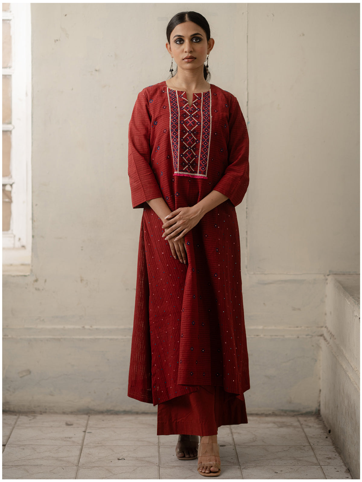 Maroon Hand-Woven Cotton Mirror Work and Embroidered Kurti with Pants.