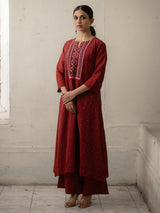 Maroon Hand-Woven Cotton Mirror Work and Embroidered Kurti with Pants.