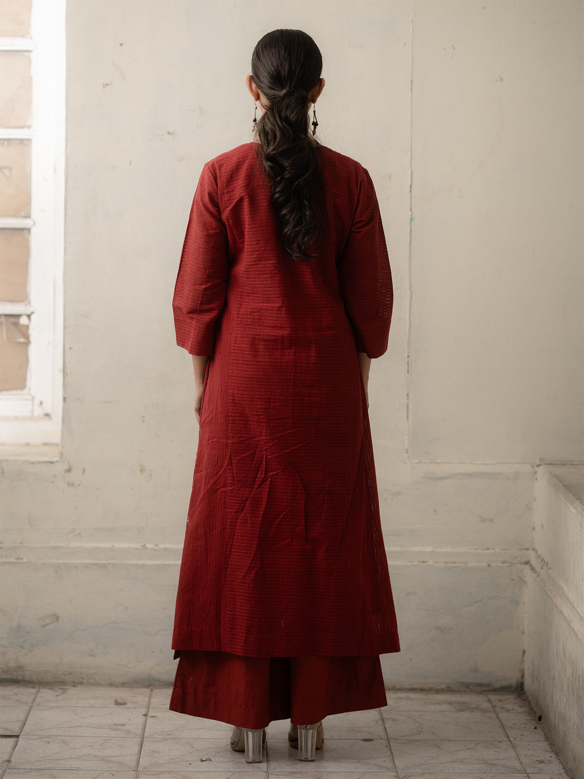 Maroon Hand-Woven Cotton Mirror Work and Embroidered Kurti with Pants.