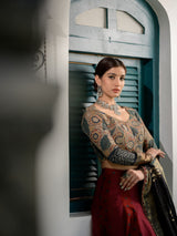 Maroon Kalidar Ajrakh Print Lehenga with Smart Blouse and Dupatta