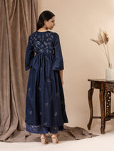 Midnight blue Chanderi gathered top with a floral thread embroidered yoke and all-over embroidery, paired with pants featuring thread embroidery