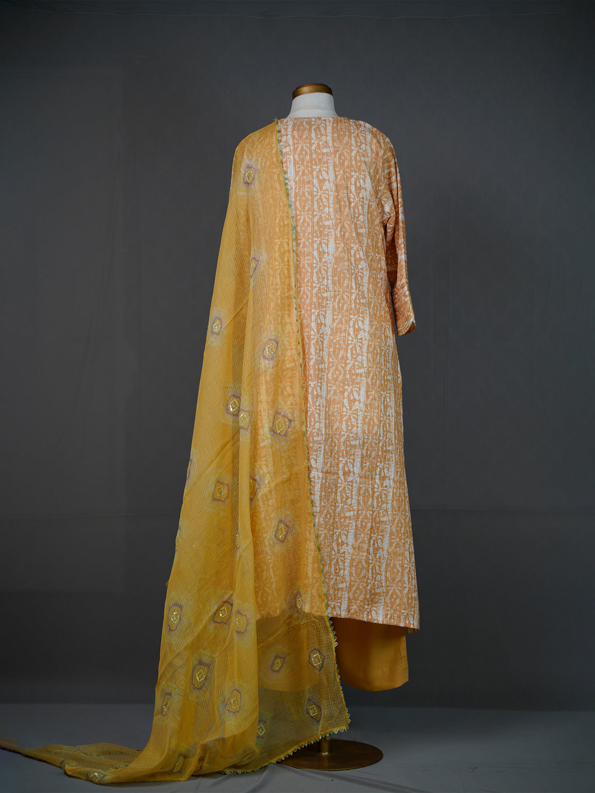 Mustard Hand Embroidered Batik Kurti and Pants Set with Dupatta