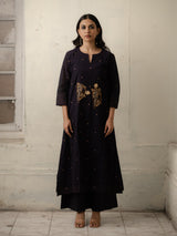 Navy Blue Hand-Woven Cotton Kurti and Pants Set with Motifs of Patchwork