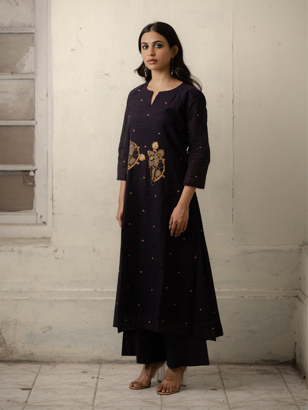 Navy Blue Hand-Woven Cotton Kurti and Pants Set with Motifs of Patchwork
