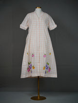 Off White Checkered A-Line Dress With Thread And Mirror Work