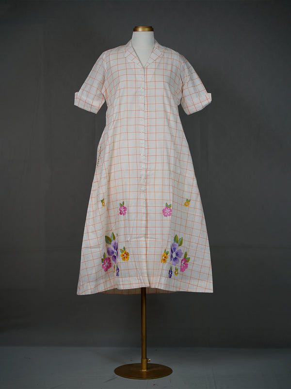 Off White Checkered A-Line Dress With Thread And Mirror Work