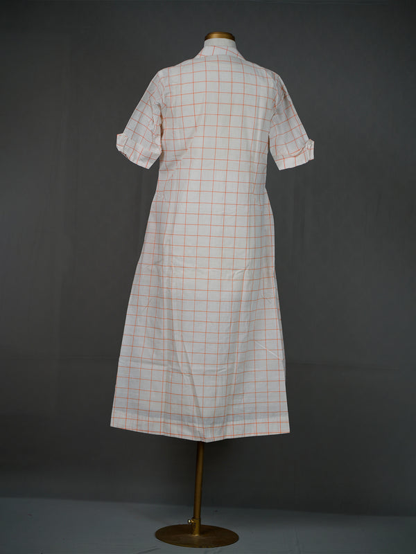 Off White Checkered A-Line Dress With Thread And Mirror Work